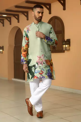 Floral printed green mandarin collor cotton summer kurta with pyjama