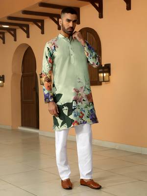 Floral printed green mandarin collor cotton summer kurta with pyjama 5