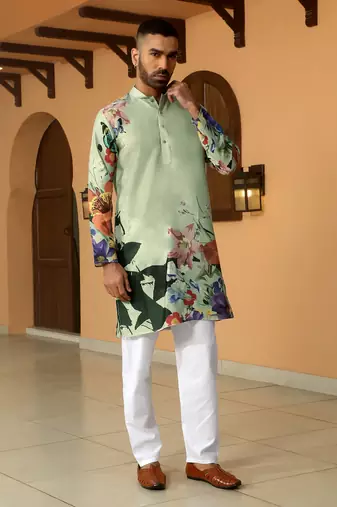Floral printed green mandarin collor cotton summer kurta with pyjama
