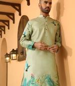 Floral printed green mandarin collor cotton summer kurta with pyjama