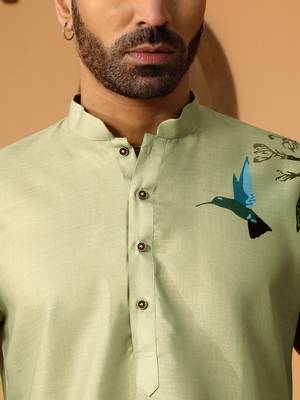 Floral printed green mandarin collor cotton summer kurta with pyjama 2
