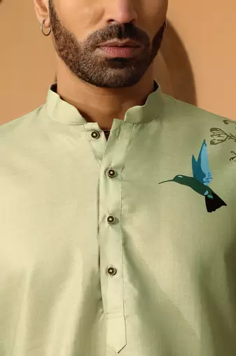 Floral printed green mandarin collor cotton summer kurta with pyjama