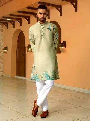 Floral printed green mandarin collor cotton summer kurta with pyjama 3