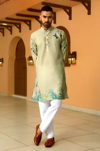 Floral printed green mandarin collor cotton summer kurta with pyjama