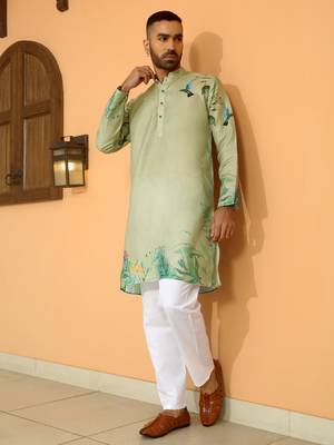 Floral printed green mandarin collor cotton summer kurta with pyjama 4
