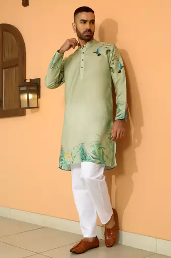 Floral printed green mandarin collor cotton summer kurta with pyjama