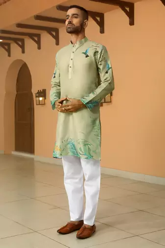 Floral printed green mandarin collor cotton summer kurta with pyjama