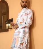 Floral printed white mandarin collor cotton summer kurta with pyjama