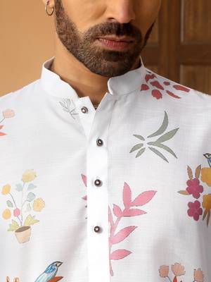 Floral printed white mandarin collor cotton summer kurta with pyjama 3