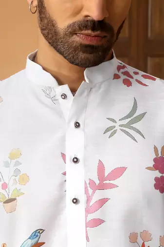 Floral printed white mandarin collor cotton summer kurta with pyjama