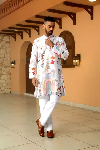Floral printed white mandarin collor cotton summer kurta with pyjama