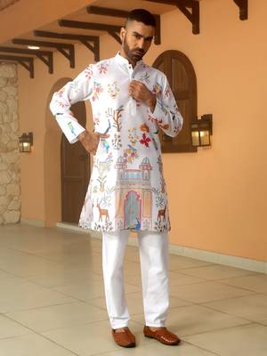 Floral printed white mandarin collor cotton summer kurta with pyjama 5