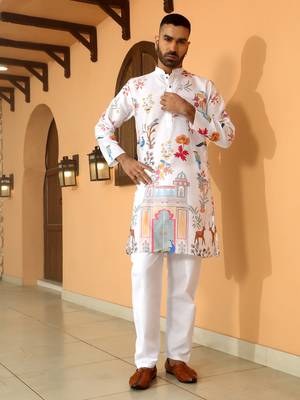 Floral printed white mandarin collor cotton summer kurta with pyjama 6