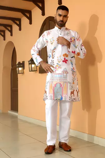 Floral printed white mandarin collor cotton summer kurta with pyjama