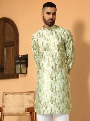Silk blend tie-dye printed madarine collor green kurta with pyjama 1
