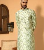 Silk blend tie-dye printed madarine collor green kurta with pyjama