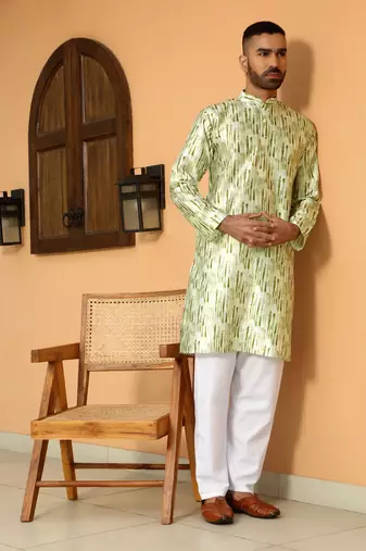 Silk blend tie-dye printed madarine collor green kurta with pyjama