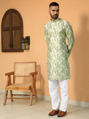 Silk blend tie-dye printed madarine collor green kurta with pyjama 4