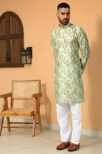 Silk blend tie-dye printed madarine collor green kurta with pyjama