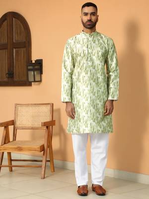 Silk blend tie-dye printed madarine collor green kurta with pyjama 5