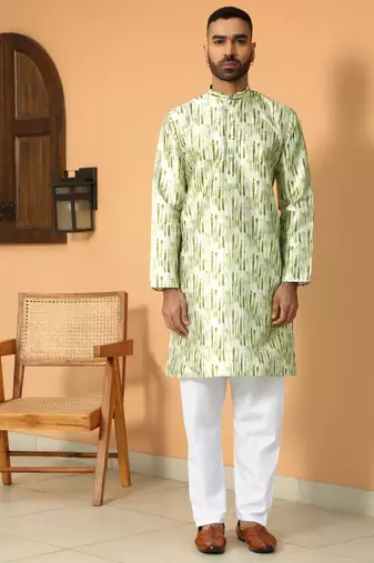 Silk blend tie-dye printed madarine collor green kurta with pyjama