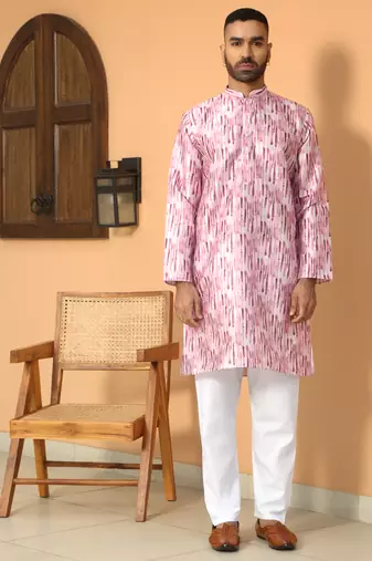 Silk blend tie-dye printed madarine collor pink kurta with pyjama