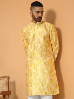 Silk blend tie-dye printed madarine collor yellow kurta with pyjama 1