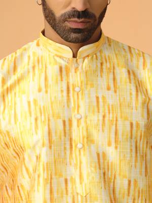 Silk blend tie-dye printed madarine collor yellow kurta with pyjama 3