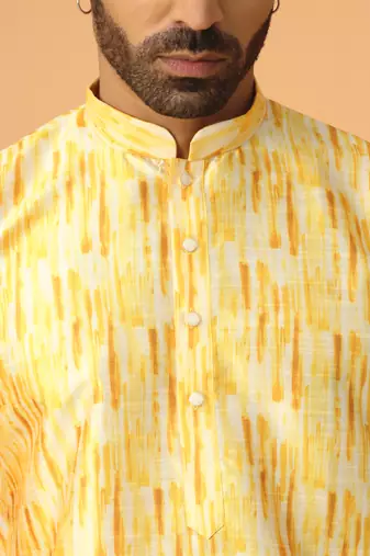 Silk blend tie-dye printed madarine collor yellow kurta with pyjama