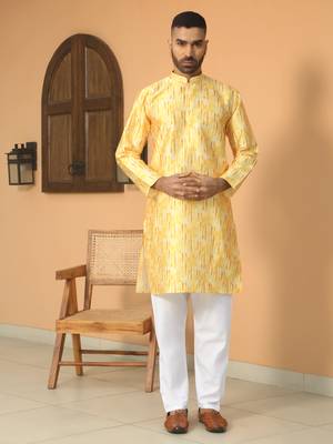 Silk blend tie-dye printed madarine collor yellow kurta with pyjama 4