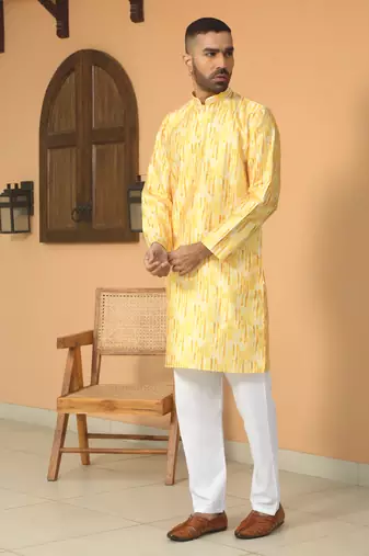 Silk blend tie-dye printed madarine collor yellow kurta with pyjama