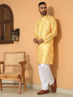 Silk blend tie-dye printed madarine collor yellow kurta with pyjama 6