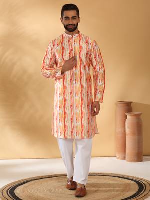 Silk blend tie-dye printed madarine collor orange kurta with pyjama 1