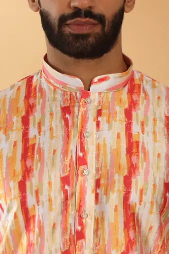 Silk blend tie-dye printed madarine collor orange kurta with pyjama