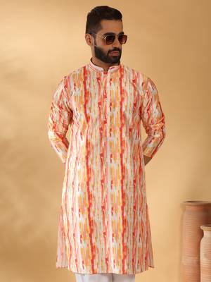 Silk blend tie-dye printed madarine collor orange kurta with pyjama 4