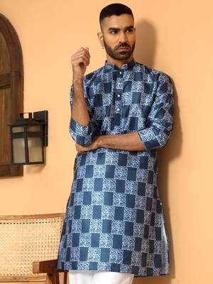 Batik printed silk blend mandarine collor blue kurta with pyjama 1