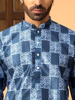 Batik printed silk blend mandarine collor blue kurta with pyjama 3
