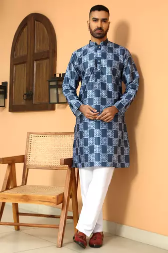 Batik printed silk blend mandarine collor blue kurta with pyjama