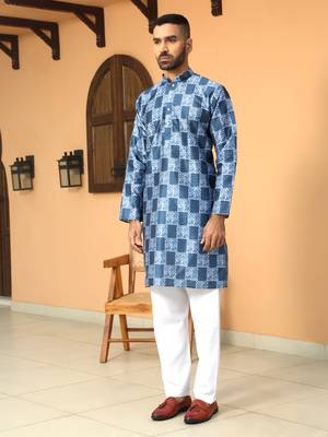 Batik printed silk blend mandarine collor blue kurta with pyjama 6
