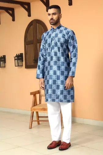 Batik printed silk blend mandarine collor blue kurta with pyjama