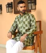 Batik printed silk blend mandarine collor green kurta with pyjama