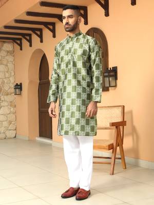 Batik printed silk blend mandarine collor green kurta with pyjama 4