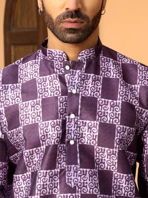 Batik printed silk blend mandarine collor purple kurta with pyjama 2