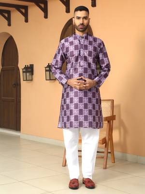 Batik printed silk blend mandarine collor purple kurta with pyjama 4