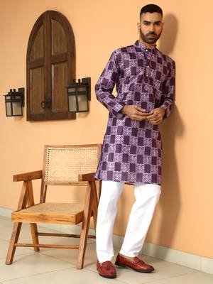 Batik printed silk blend mandarine collor purple kurta with pyjama 5