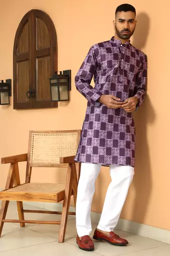Batik printed silk blend mandarine collor purple kurta with pyjama