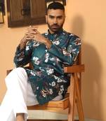 Floral printed blue mandarin collor silk blend kurta with pyjama
