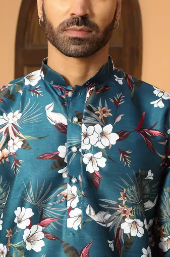 Floral printed blue mandarin collor silk blend kurta with pyjama
