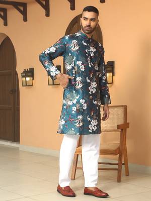 Floral printed blue mandarin collor silk blend kurta with pyjama 3