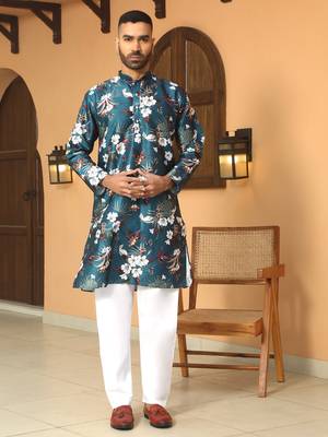 Floral printed blue mandarin collor silk blend kurta with pyjama 4